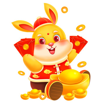 兔年春節(jié)收紅包元寶的金兔元素