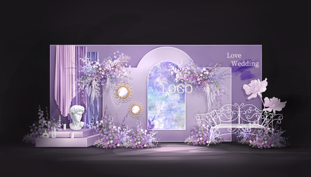 紫色法式油画婚礼效果图