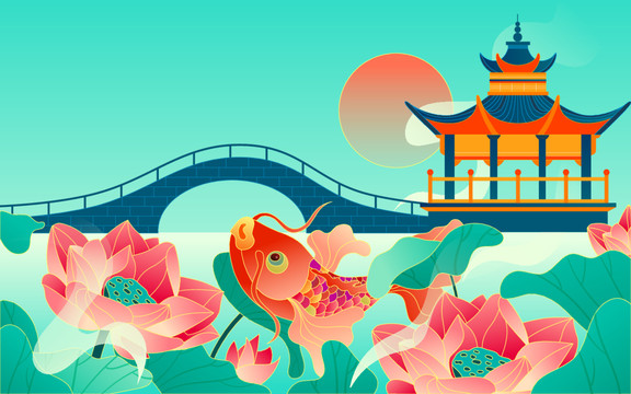 手繪國(guó)潮錦鯉荷花中國(guó)風(fēng)背景