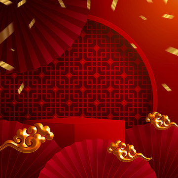 中式窗花浮云舞台背景