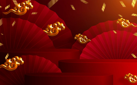 大紅金扇祥云舞臺背景