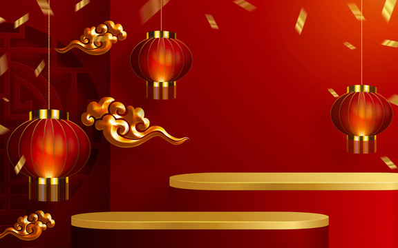祥云燈籠鑲金舞臺背景