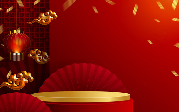 中式红扇镶金舞台背景