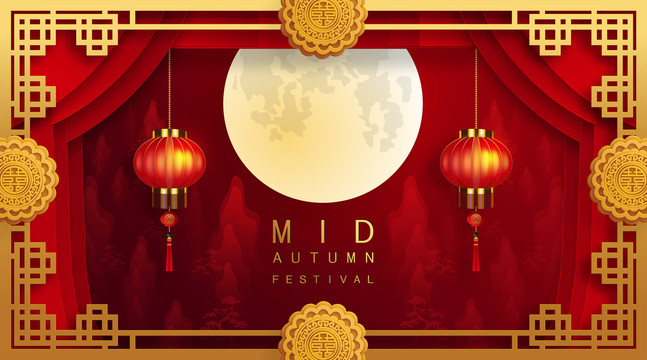 高端金色窗花 月圓團(tuán)圓中秋賀圖