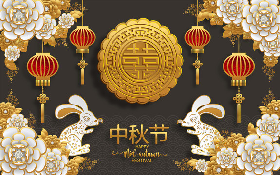 貴氣鑲金花叢 玉兔迎中秋賀圖