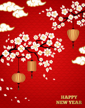中式新年花開富貴賀圖