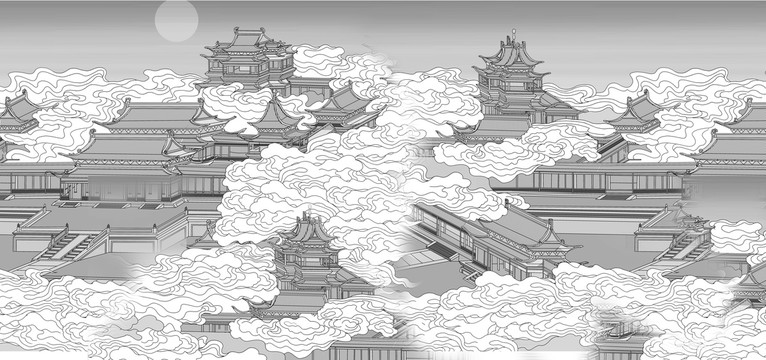 現(xiàn)代新中式山水墻紙樓閣瑞鶴圖