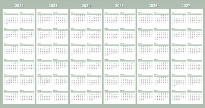 2022至2027日历棕绿色