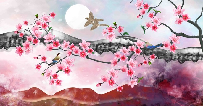 新中式桃花插畫