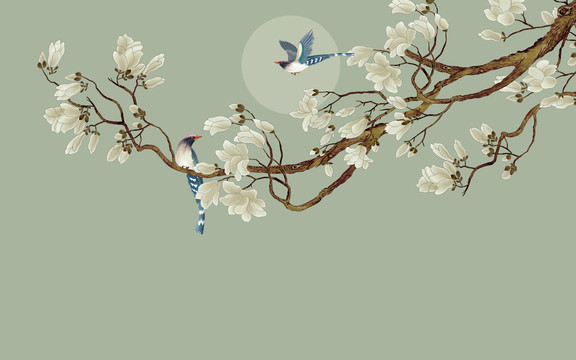 手繪玉蘭花鳥背景墻