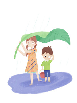 原创树叶下避雨的两兄妹