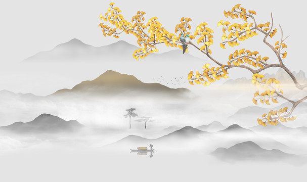 新中式花鳥山水壁畫背景墻