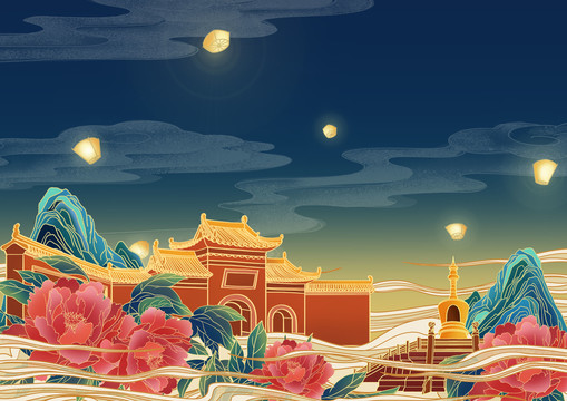 古建筑國(guó)潮節(jié)日插畫