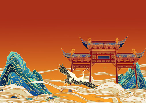 古建筑國潮節(jié)日背景插畫