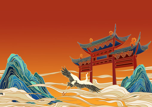 古建筑國潮節(jié)日背景插畫