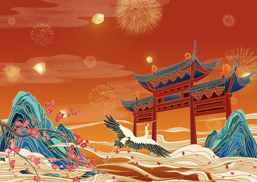 古建筑國(guó)潮節(jié)日背景插畫