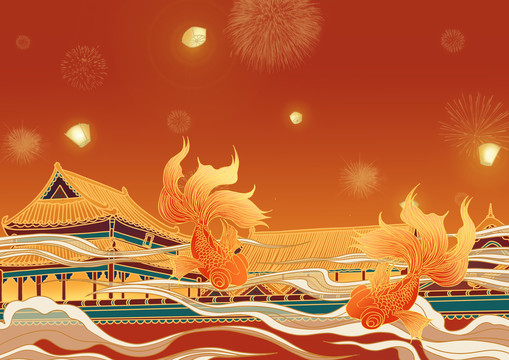 古建筑國潮節(jié)日背景插畫