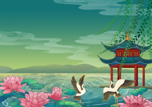 古建筑國潮節(jié)日背景插畫