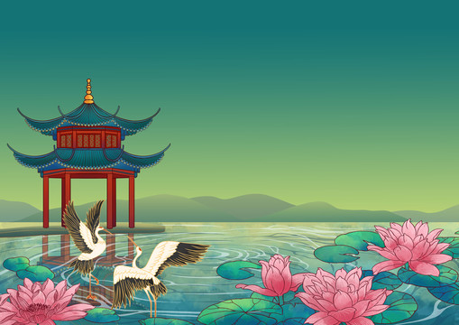 古建筑國潮節(jié)日背景插畫