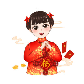 手繪卡通人物新年祝福原創(chuàng)插畫