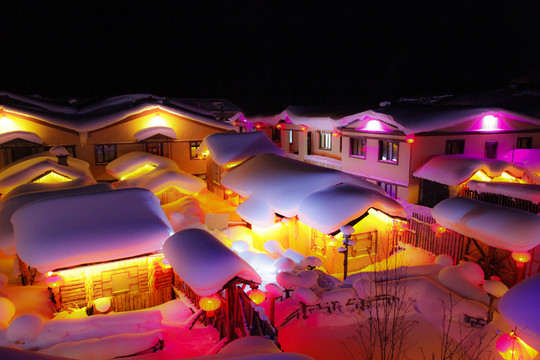 雪乡夜景醉美雪乡雪景东北旅游