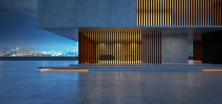 現(xiàn)代水泥墻木格柵建筑 藍(lán)色夜景照