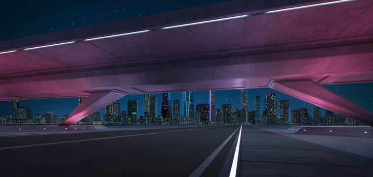 紫色灯光照映公路 繁华城市夜景照