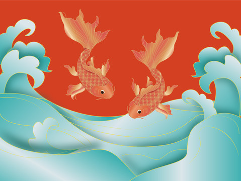 國潮錦鯉手繪插畫