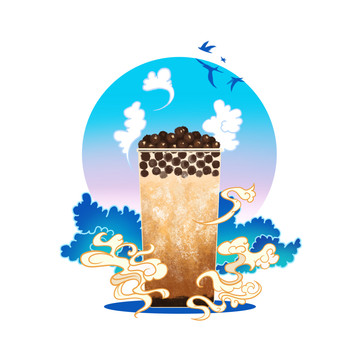 手繪卡通國潮奶茶飲品原創(chuàng)插畫