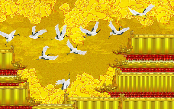 瑞鶴圖仙鶴古代樓閣云紋背景墻