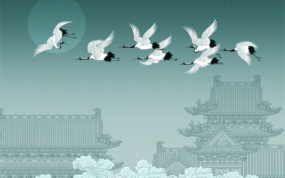 新中式樓閣仙鶴背景墻
