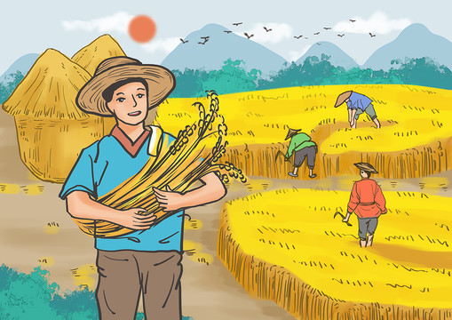 農(nóng)民抱麥穗豐收圖