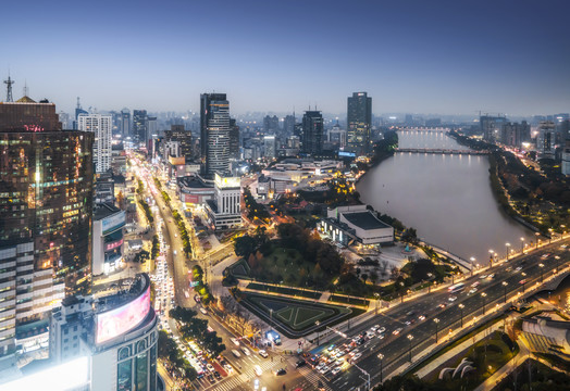 航拍宁波市中心夜景