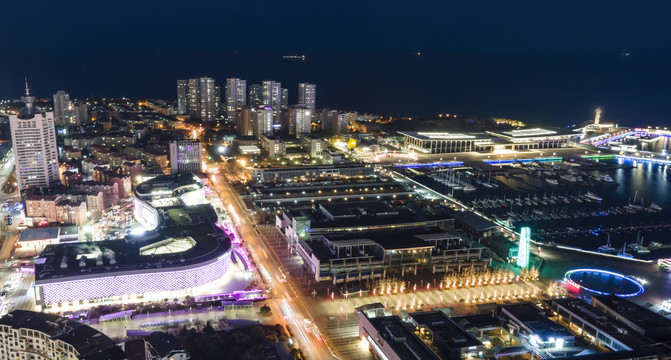 航拍青岛城市夜景