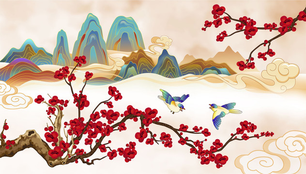 國潮山水花鳥插畫