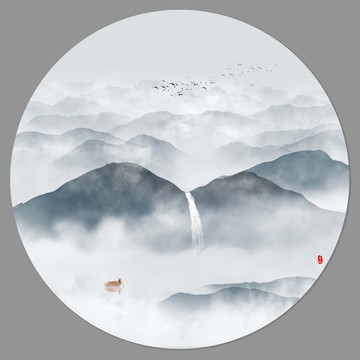 新中式圓形山水畫