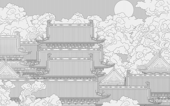 線(xiàn)條樓閣云紋中式高端背景墻
