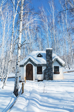 冬季树林小房子