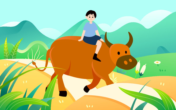 春天小孩骑牛背上立春节气插画