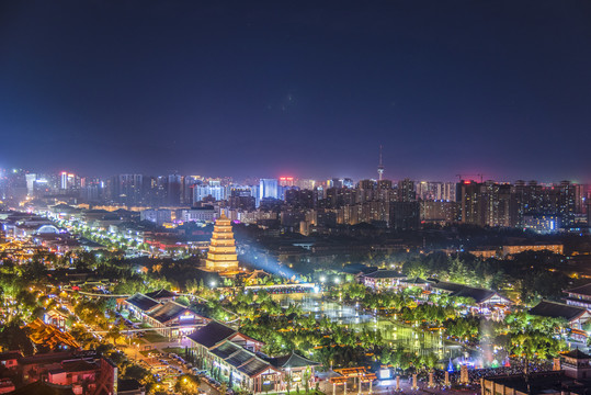 大雁塔夜景鸟瞰图航拍