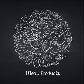 手繪各式肉品火腿插圖