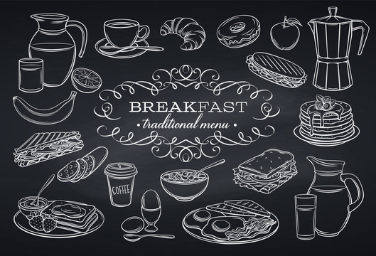 黑白手绘多样早餐饮品插图