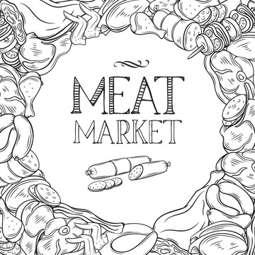 黑白手绘肉品超市插图