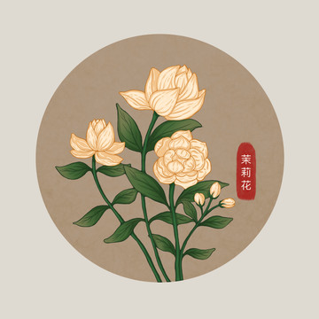 茉莉花国潮包装插画花朵元素