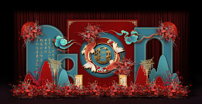 紅藍(lán)新中式婚禮手繪效果圖
