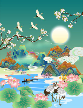 山水國潮矢量插畫