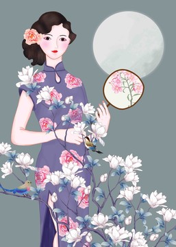 民国风玉兰花少女插画