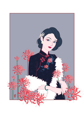 花卉旗袍美人插畫之彼岸花