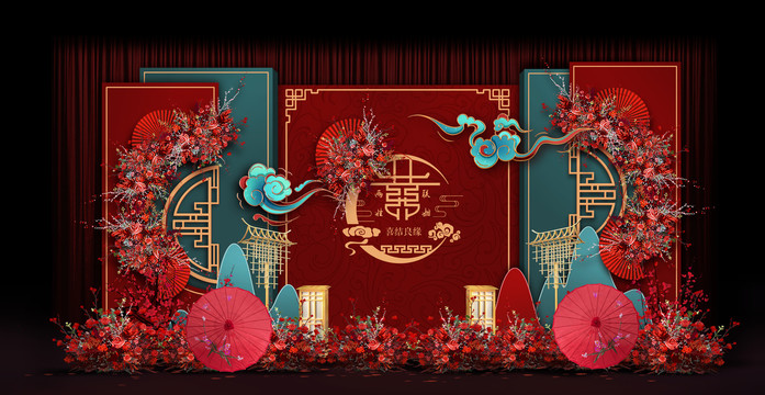 紅藍(lán)新中式婚禮手繪效果圖