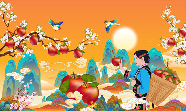 國潮蘋果包裝插畫